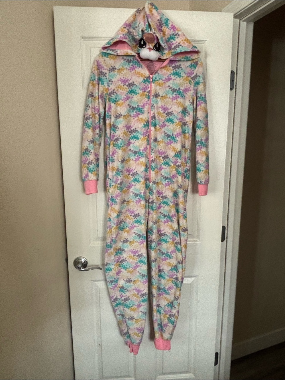 Xhilaration Pastel Floral Hooded One-Piece Pajama - Pink Trim unicorn
